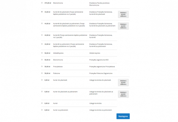 widok metod dostawy w koszyku